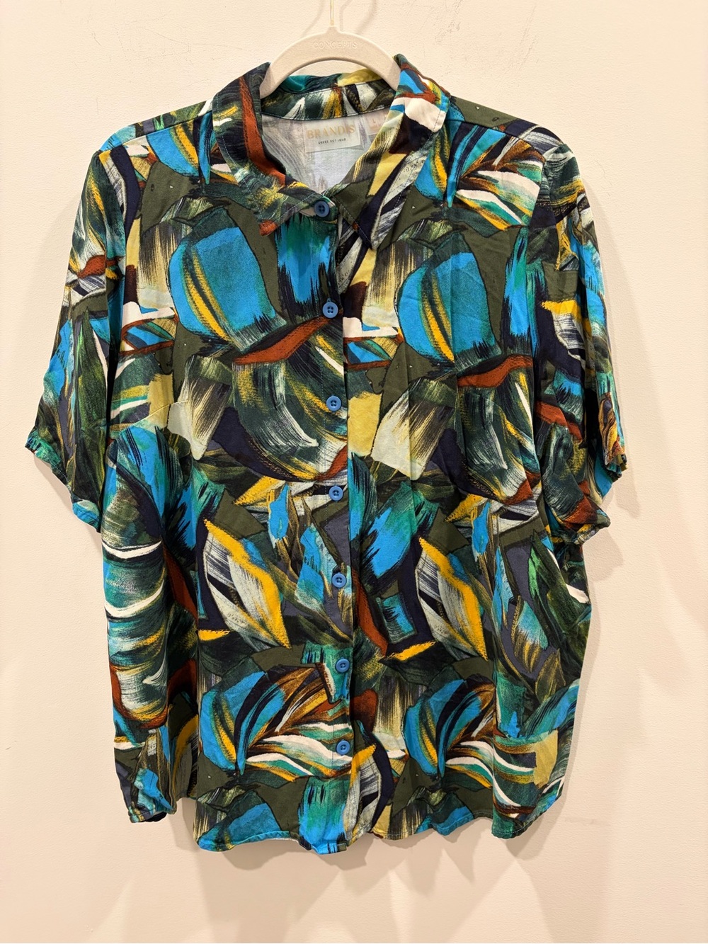 Brandis Tropical Brushstroke Button-Down Shirt - Blue, Green, Yellow,‎ Brown